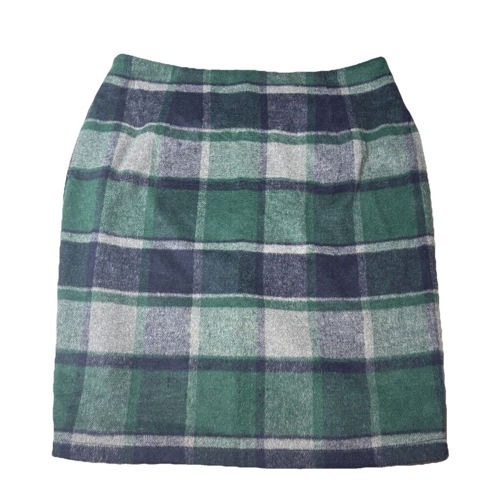 I  Navy Blue, Green Plaid Tartan Pencil Straight Skirt Wool Blend Sz Large New
